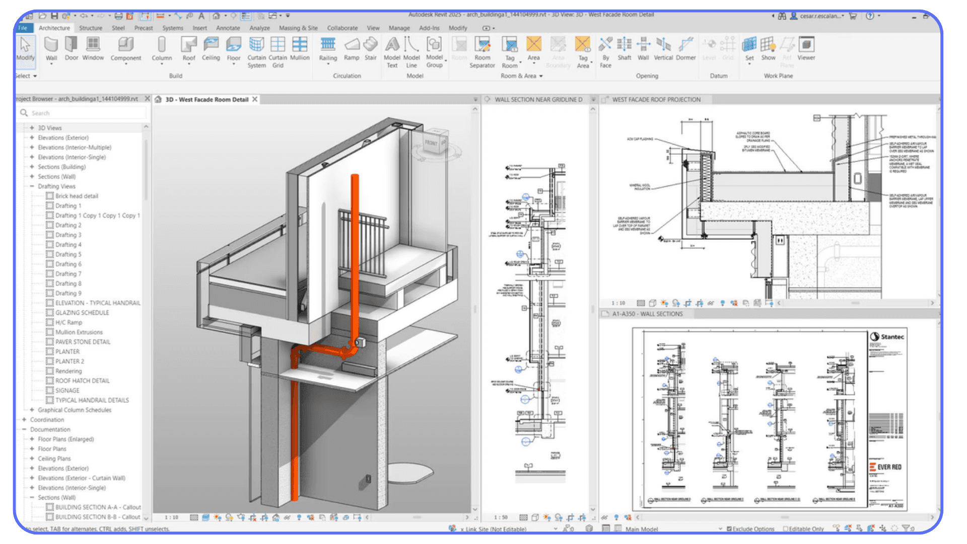 Autodesk Revit interface showing a 3D sectional building detail with highlighted HVAC piping and multiple technical wall section drawings displayed on the right side.