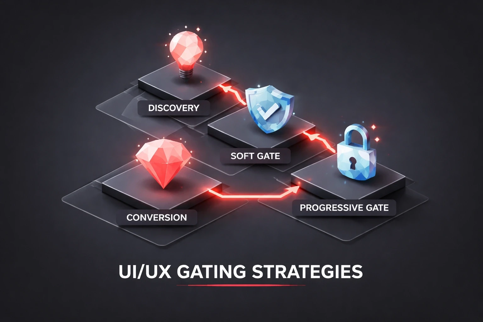 Isometric low-poly flowchart illustrating UI/UX gating strategies with faceted icons and highlighted nodes.