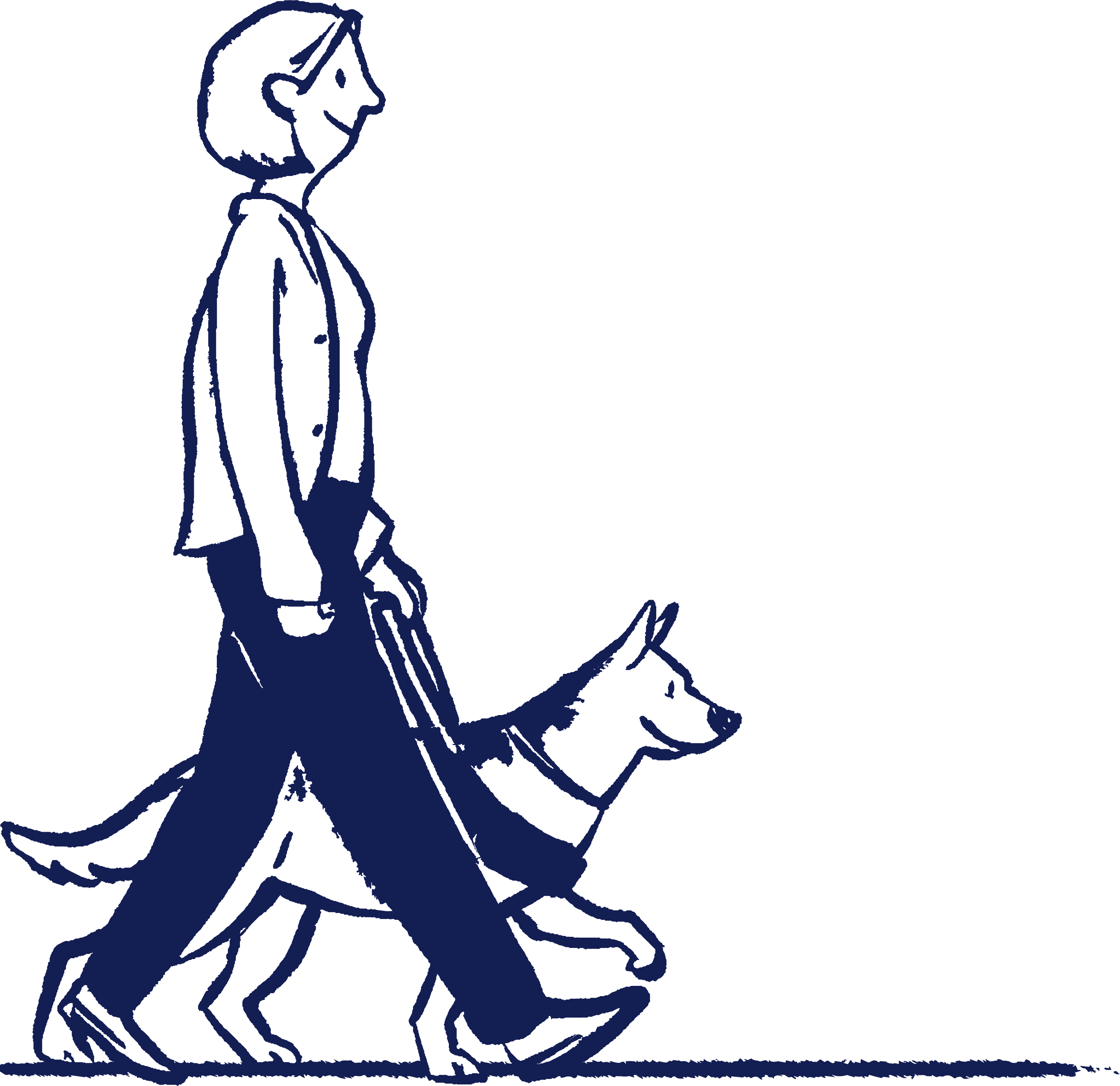 Illustration of a guide dog owner and guide dog in harness walking along together.