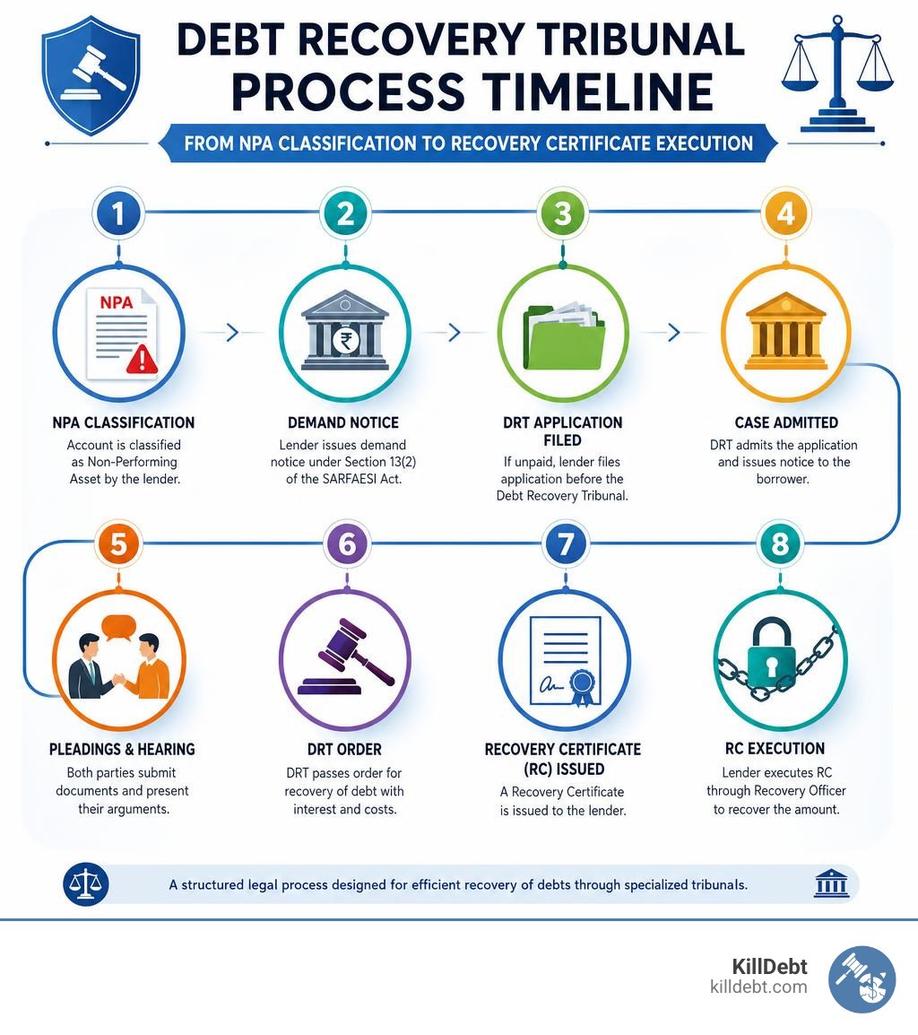 Debt recovery tribunal process timeline from NPA classification to Recovery Certificate execution infographic