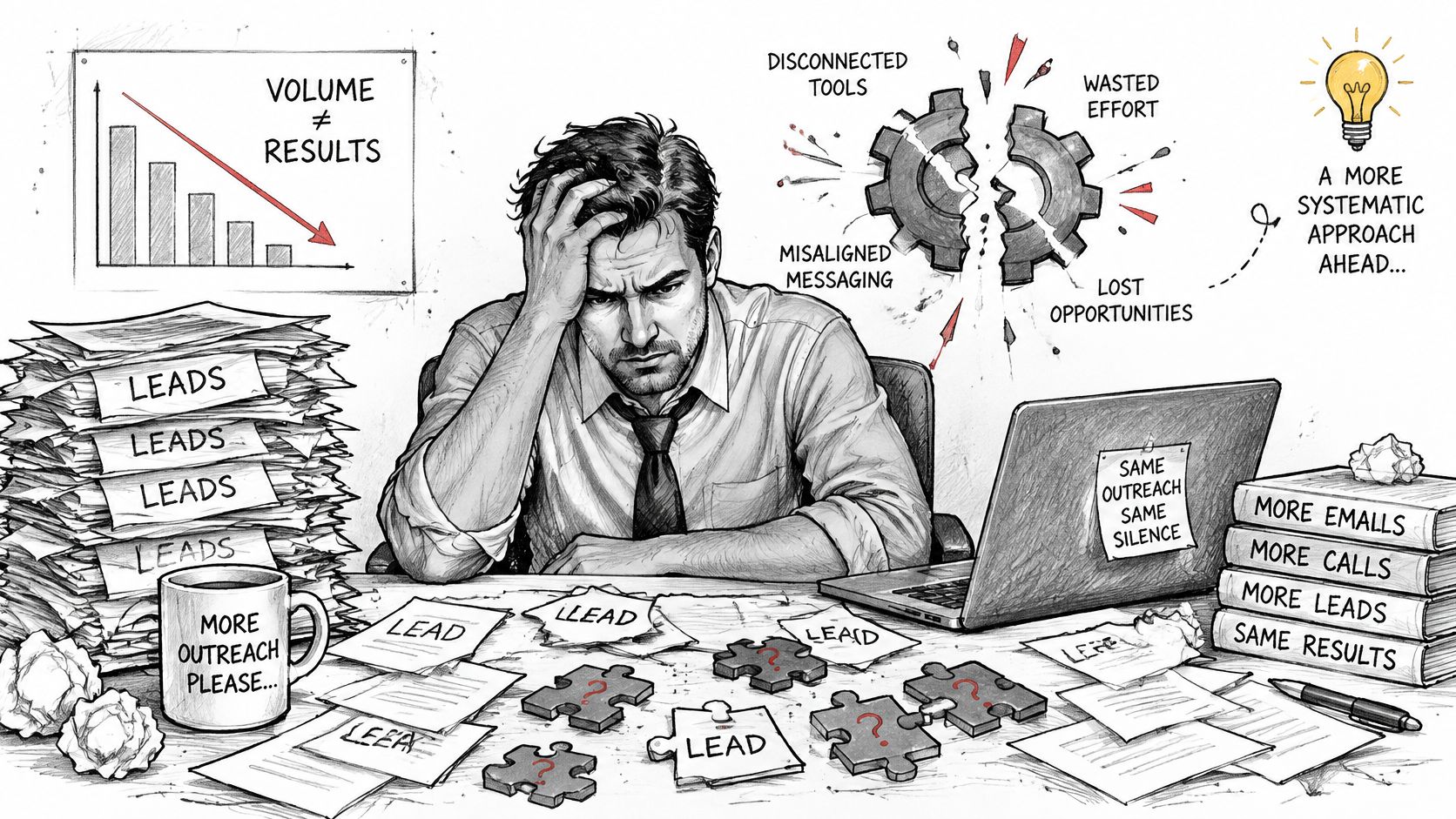 A stressed professional overwhelmed by unproductive lead generation tasks, disorganized paperwork, and inefficient business outreach methods.