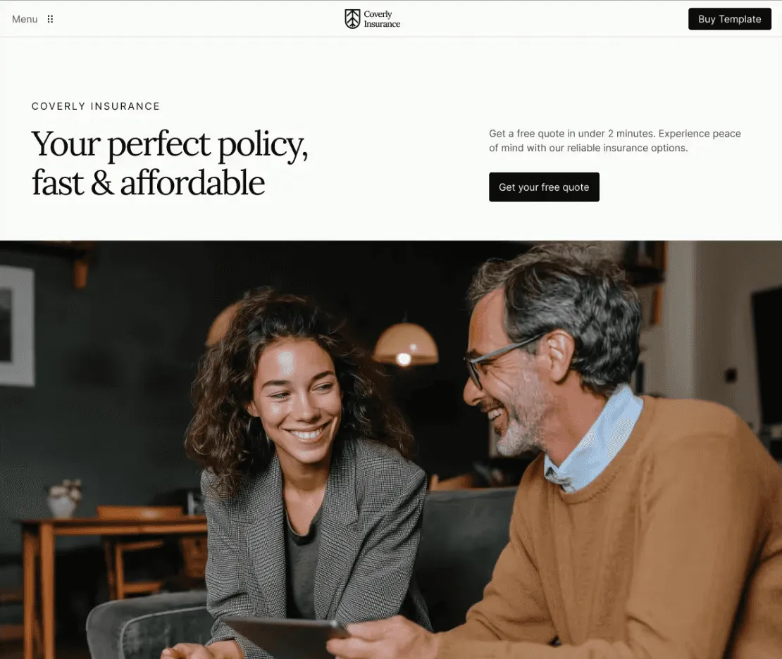 A minimal corporate landing page design for an insurance broker highlighting asset protection and commercial policies.