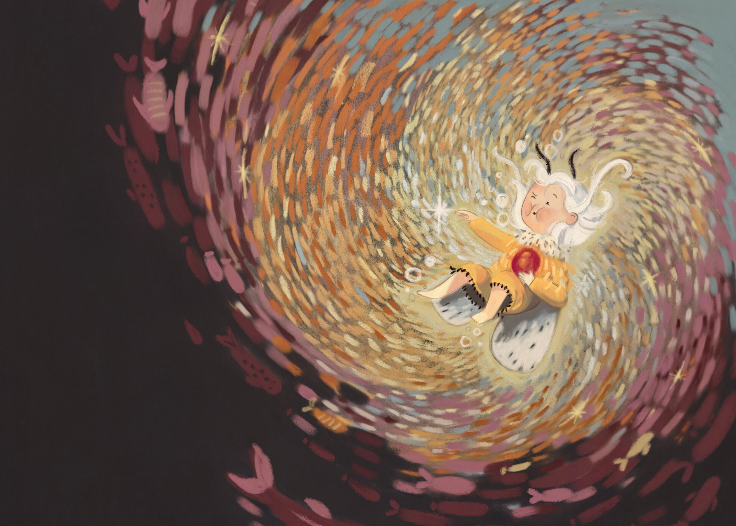 A moth fairy underwater holding a glowing heart, surrounded by colorful fish swimming in a spiral.