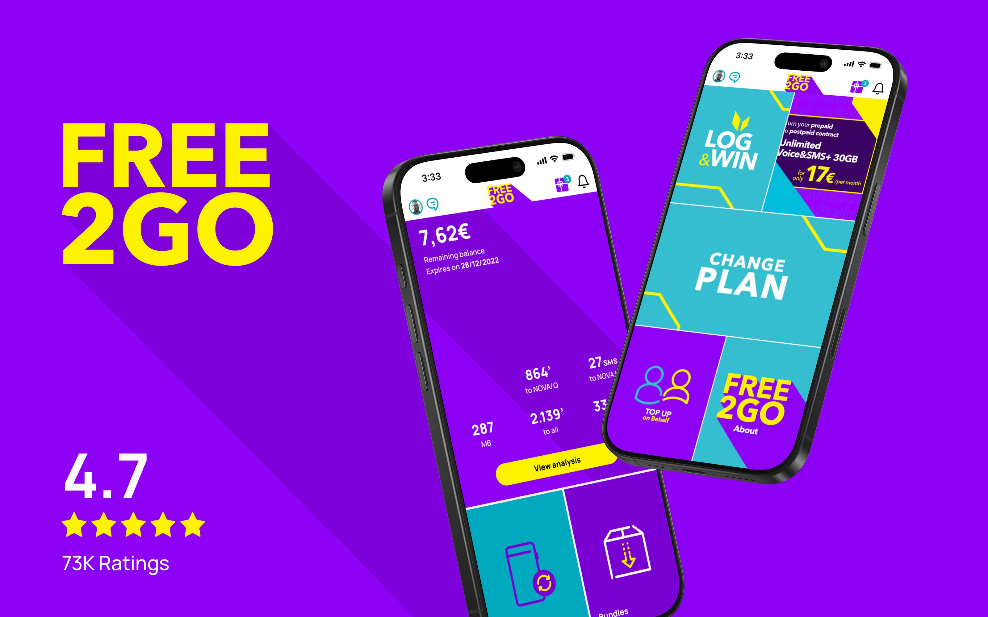 FREE2GO mobile app dashboard showing data, SMS, and voice balances