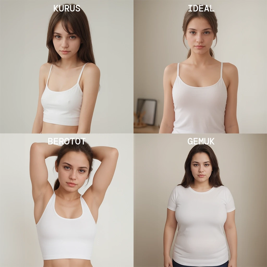 Four collages of women's body shapes ranging from thin, ideal, muscular and fat. Modiqlo. Ai Fashion Model