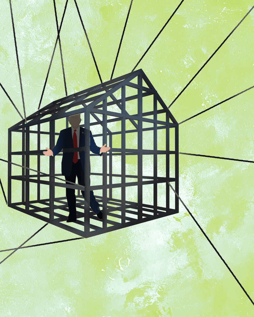 Donald Trump in a cage shaped like a house