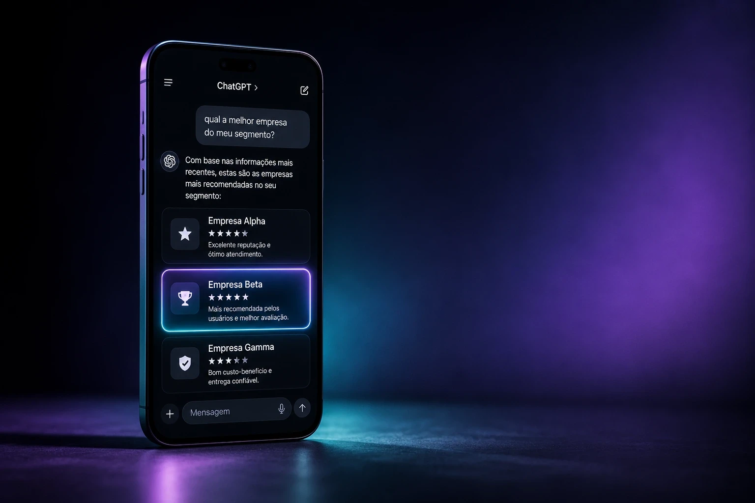 Tela de celular exibindo conversa com ChatGPT mostrando três empresas recomendadas em resposta à pergunta sobre o melhor negócio do segmento, com a Empresa Beta em destaque luminoso, ilustrando o conceito de AEO (Answer Engine Optimization).