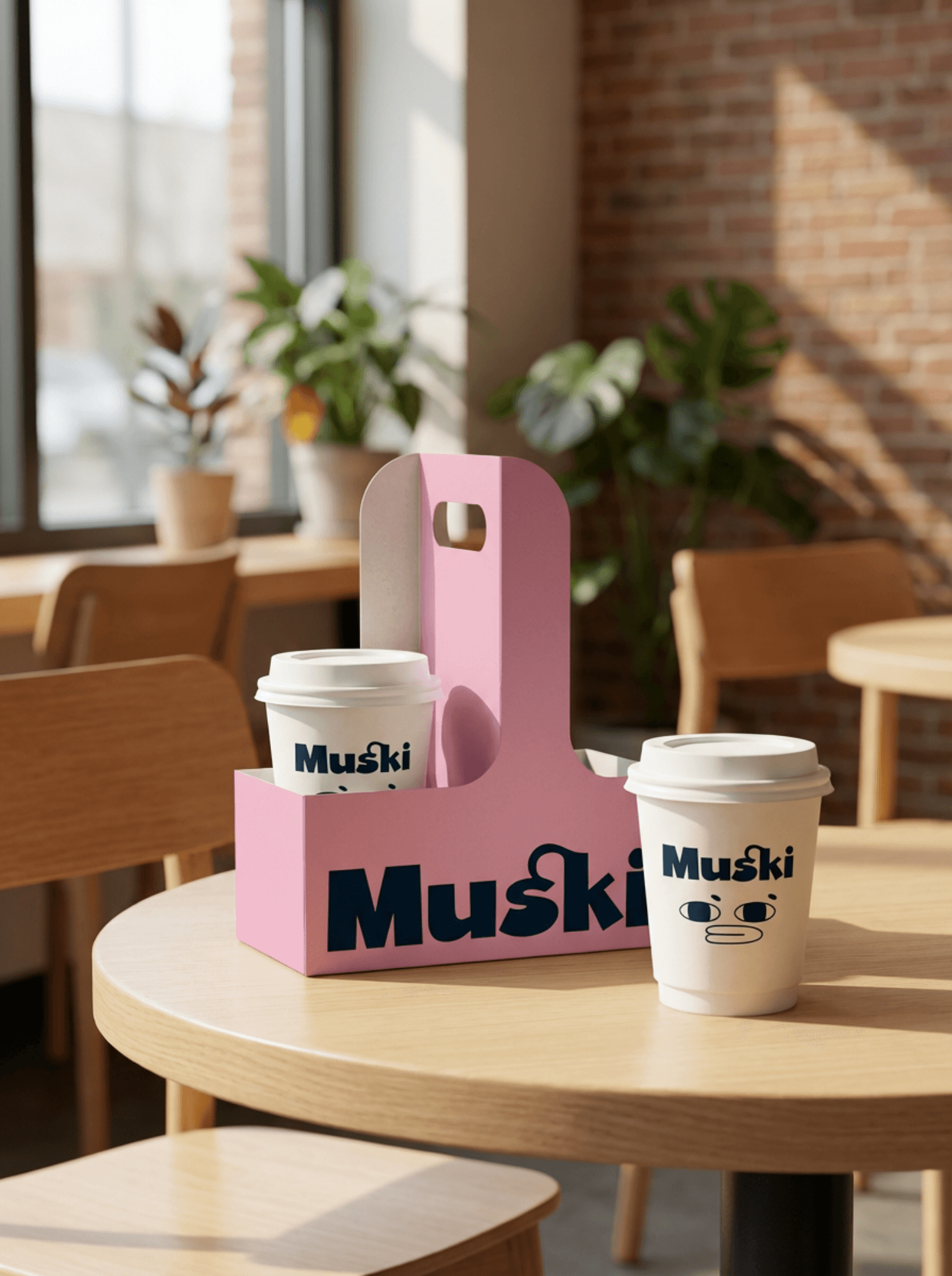 A small pink cake with a drink cup and some coffee cups on an outdoor table.