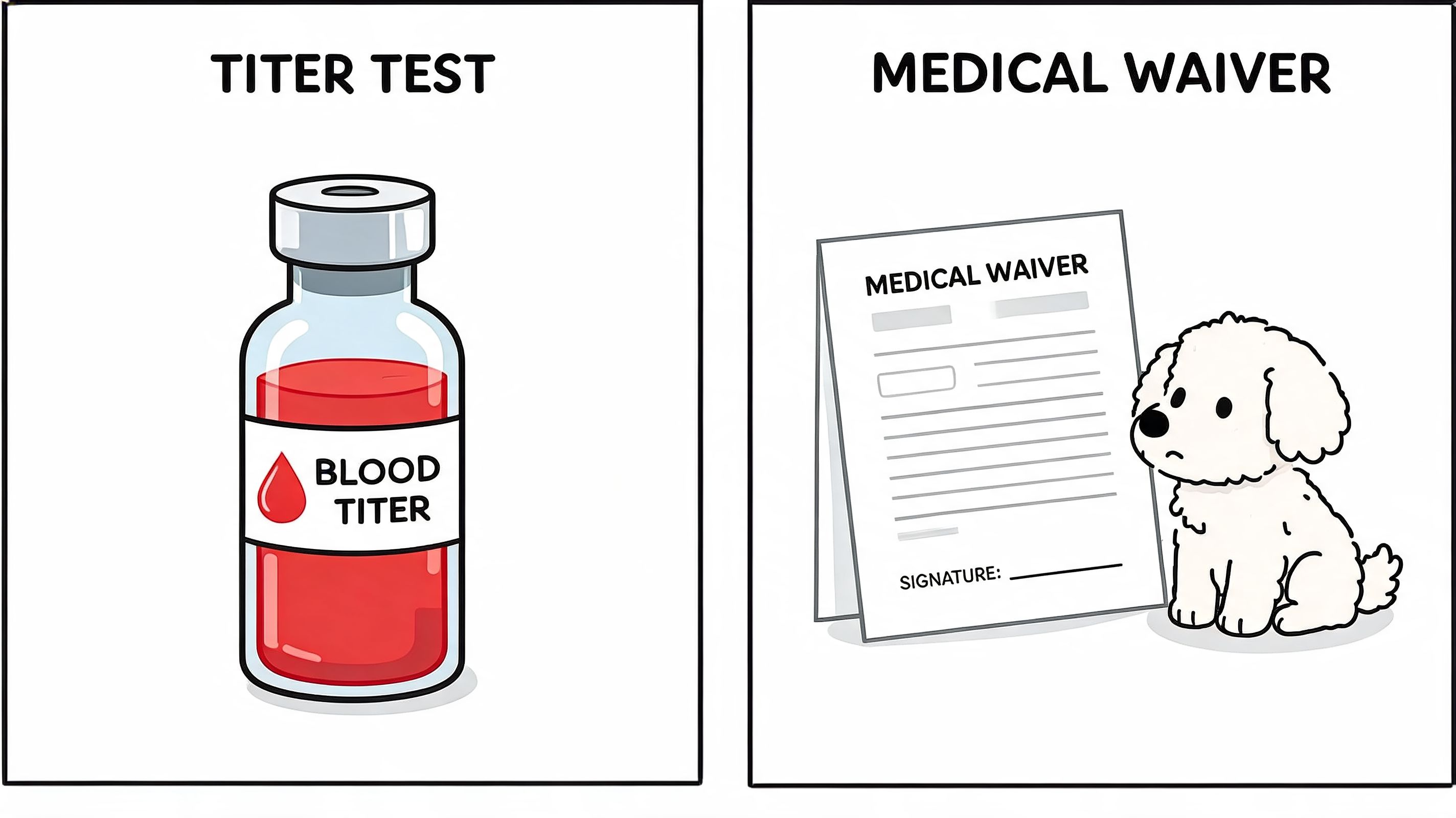 A split image showing a vial labeled blood titer and a medical waiver form next to a dog.
