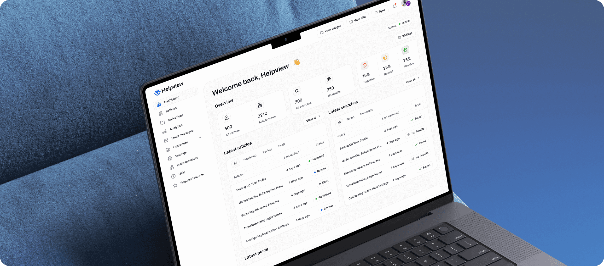 Helpview dashboard on laptop showing help center analytics, articles, and search insights.