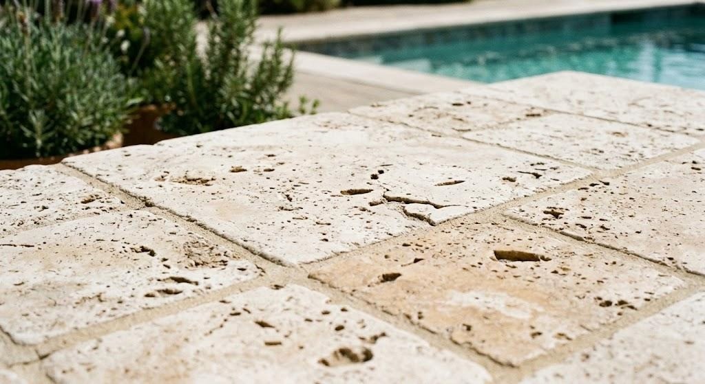 Illustrative weathered outdoor travertine with natural color variation and open voids