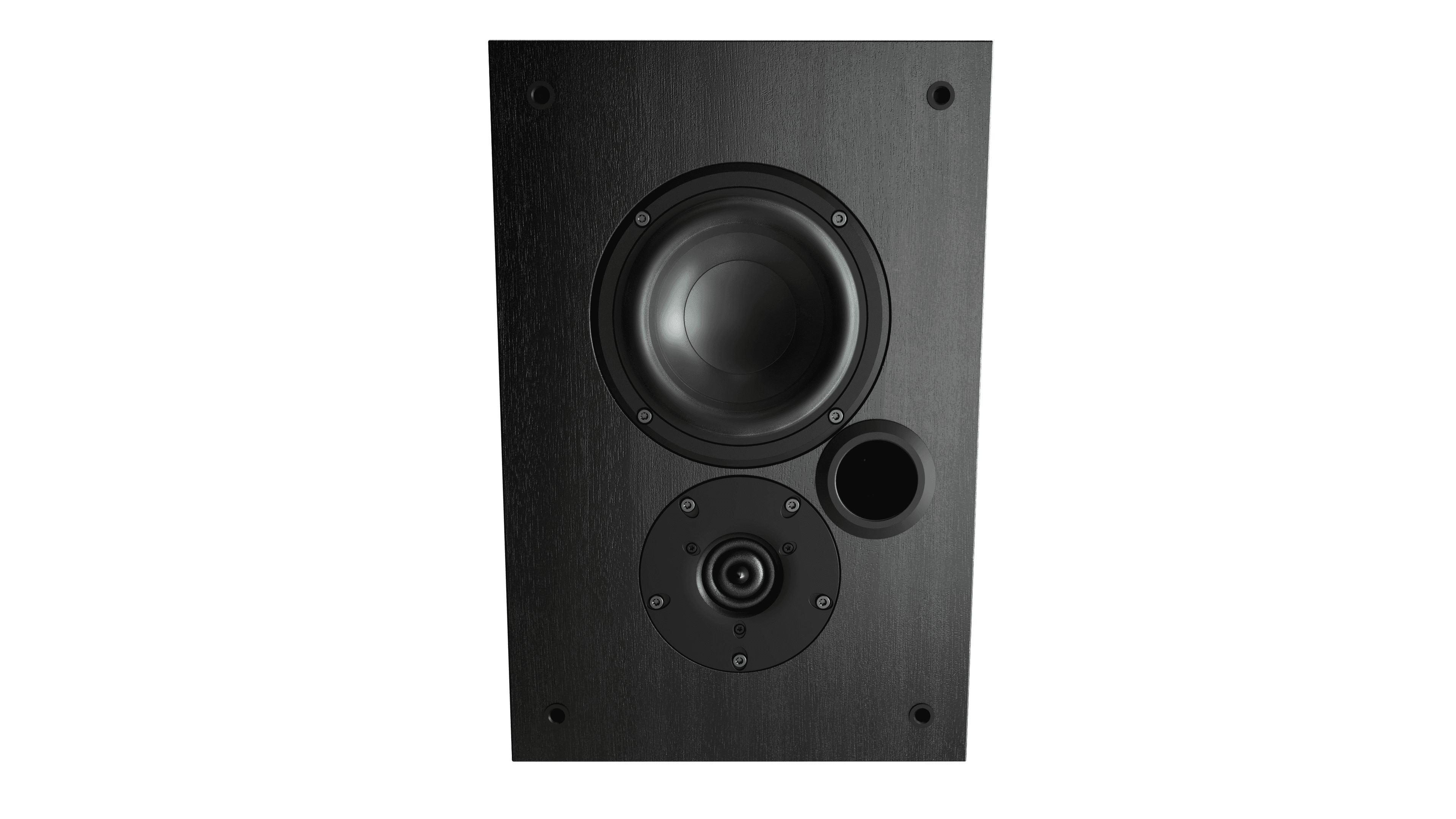 Black speaker with woofer, tweeter, and port