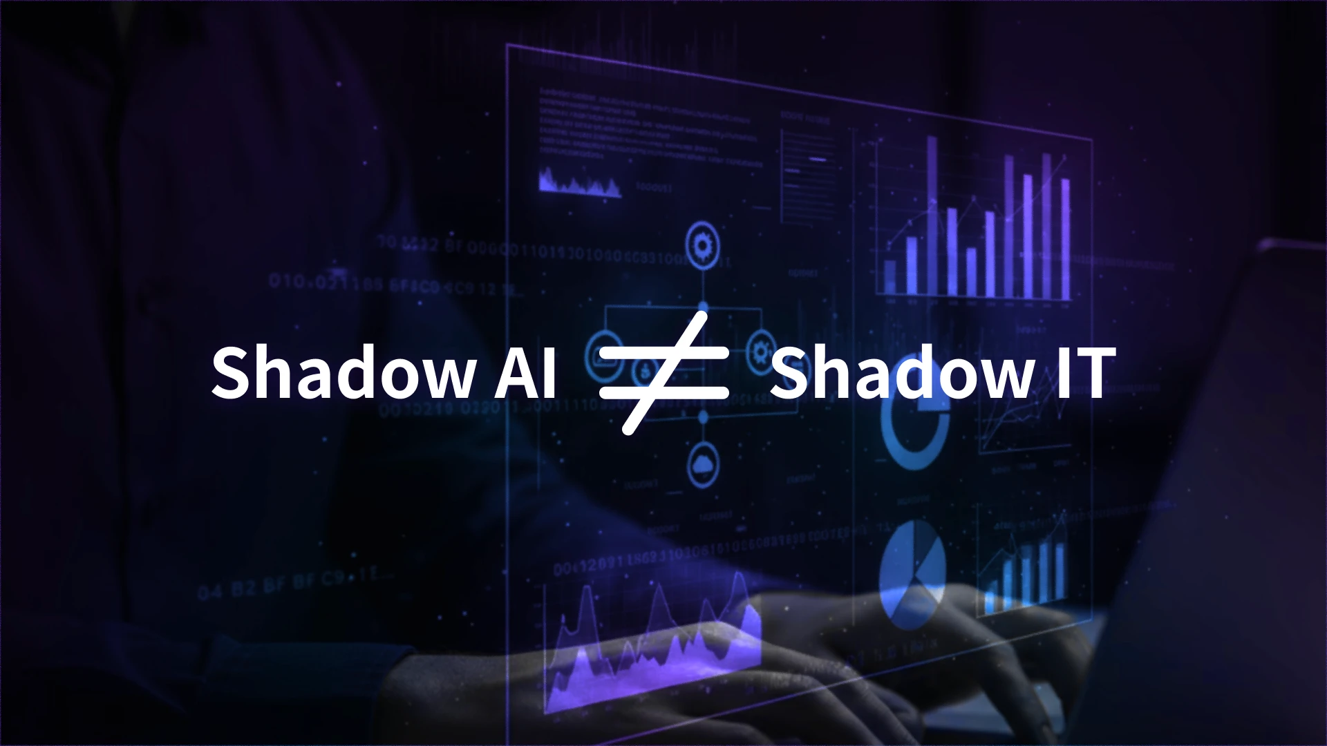 Infographic comparing Shadow AI vs Shadow IT, featuring a person working on a computer with digital data charts and a "not equal" sign.