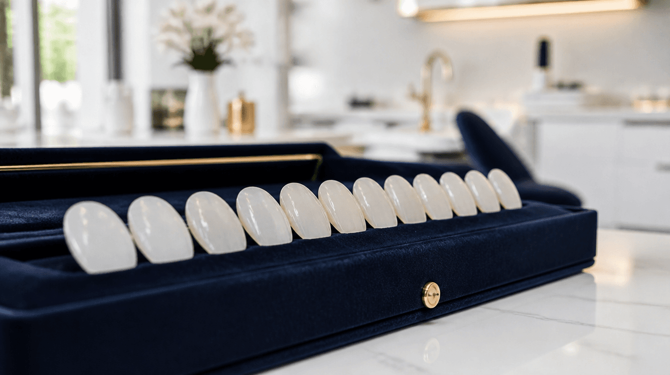 Premium translucent porcelain veneer samples on a velvet display at a Smyrna cosmetic dentistry consultation