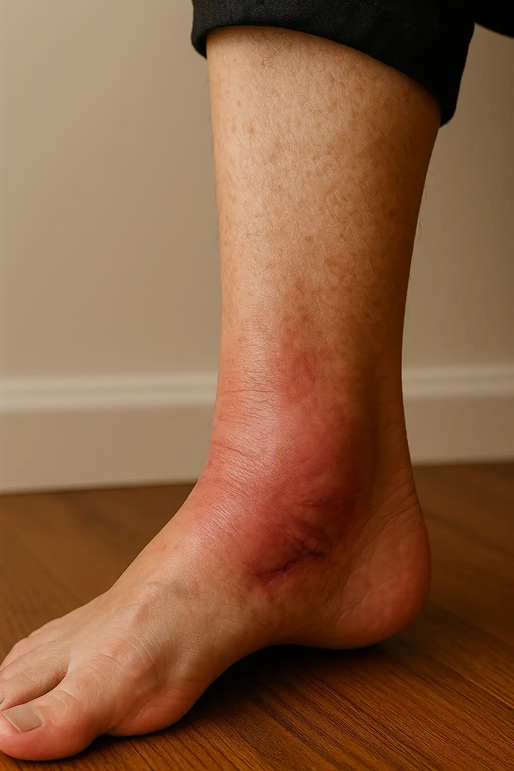 A close-up of a person’s lower leg and ankle showing significant swelling and reddish discoloration, indicating inflammation or injury.