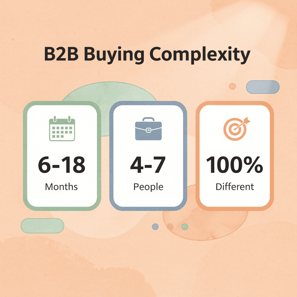 Statistics showing B2B buying cycle complexity with research duration and decision makers