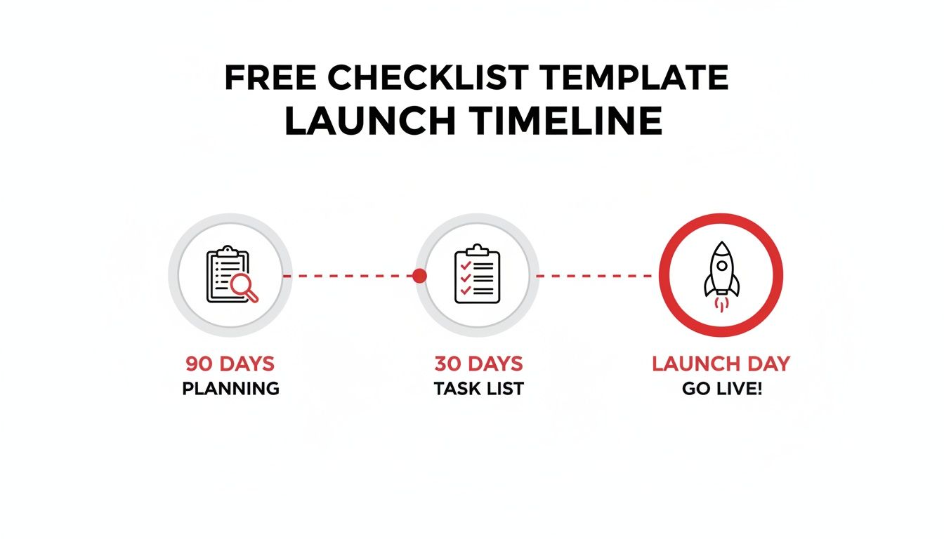 A visual timeline showing three stages for a product launch: planning, task list, and launch day.