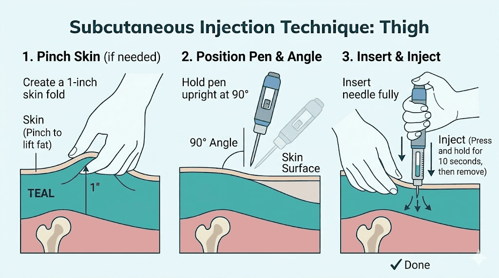 Step-by-step tirzepatide thigh injection technique diagram