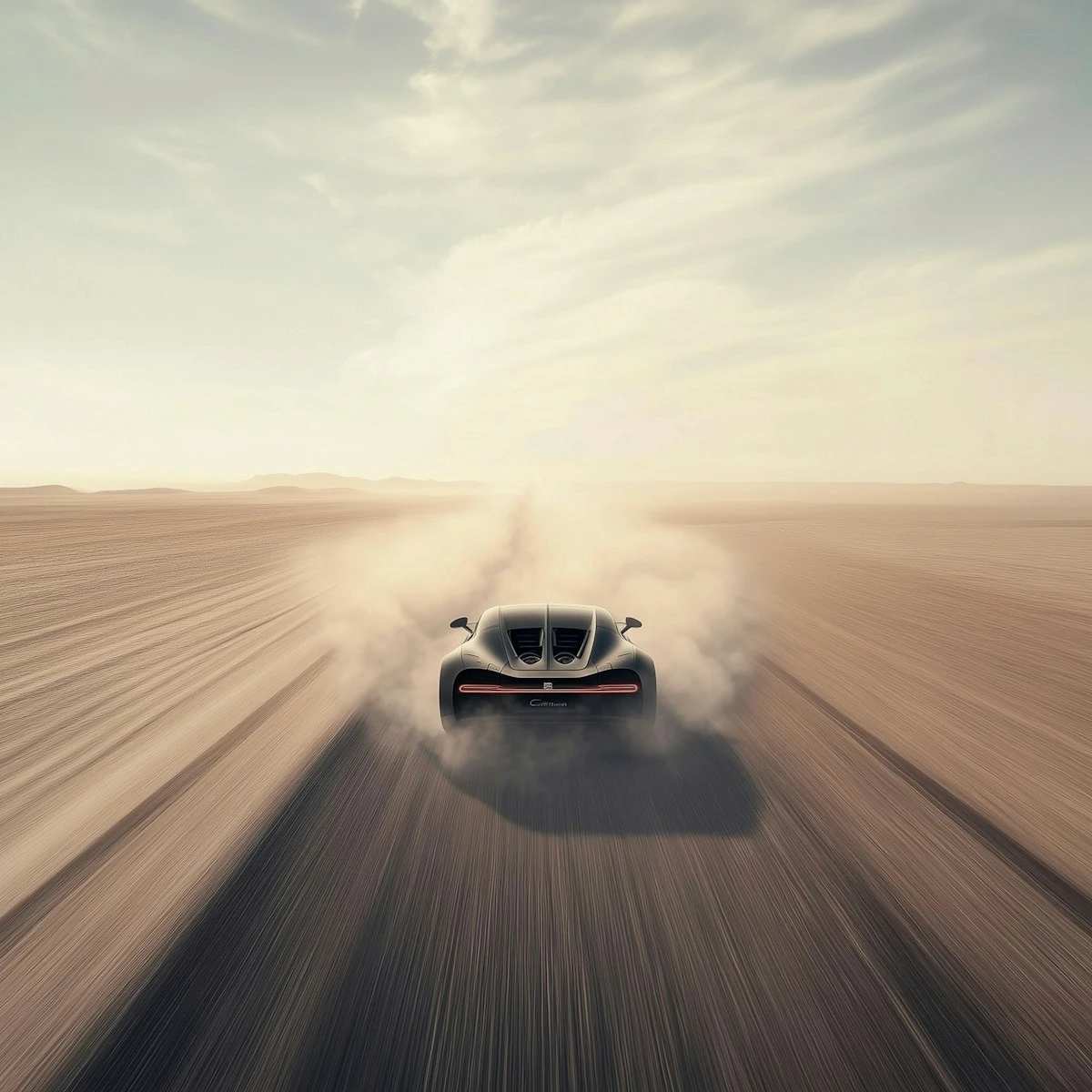 Black Tesla car speeding through a desert, leaving a dust trail, showcasing speed and adventure in a vast, open landscape.