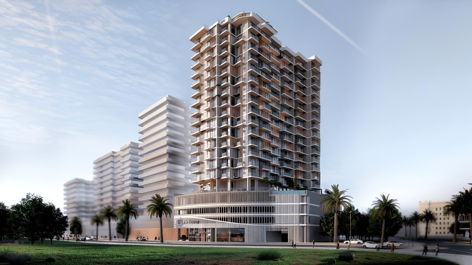 Artist's impression of Tetris Tower, a new apartment building in Dubai by Object1, showcasing its unique architectural design.