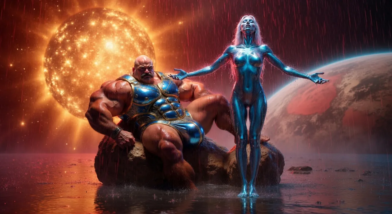 Rex Titan seated in cosmic gold light, oiled gladiator pose
