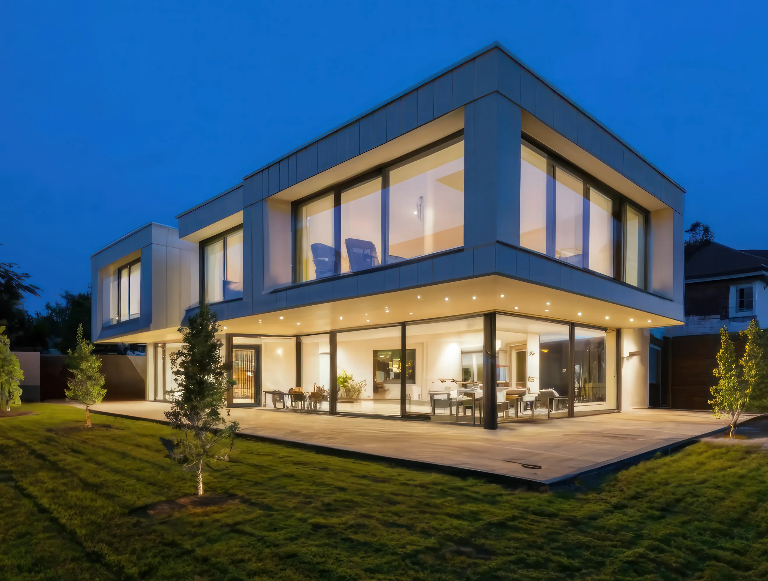Modern white geometric house with expansive floor-to-ceiling windows and a manicured green lawn at night.