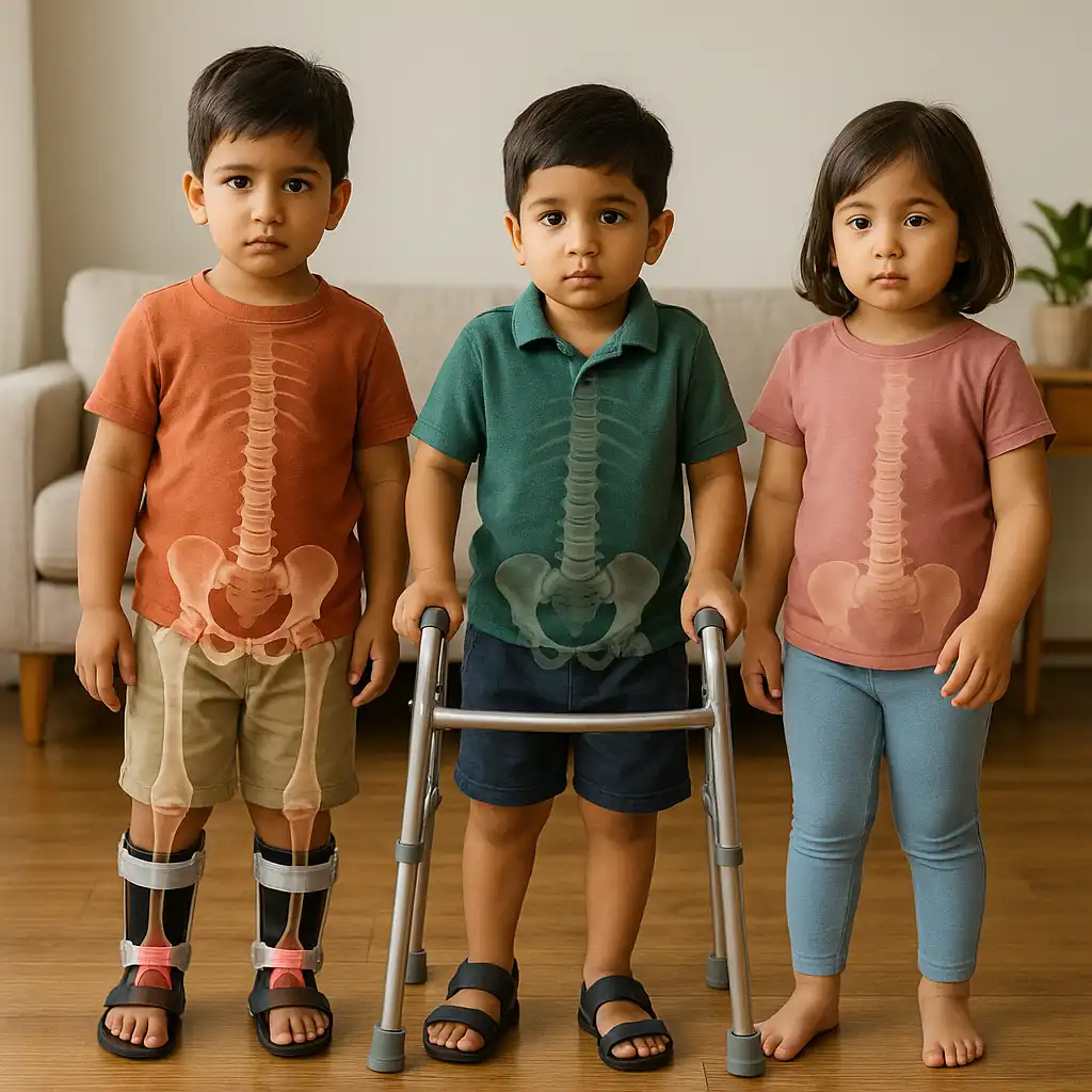 Three children standing together with orthopedic aids and spine overlays, representing congenital pediatric bone and mobility conditions.