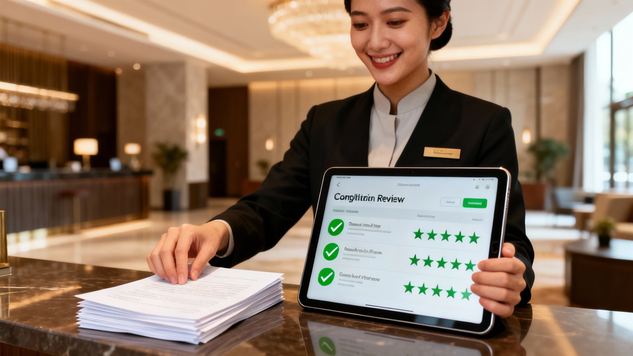 Smiling hotel staff member holds a tablet displaying a positive customer review screen with 5-star ratings.