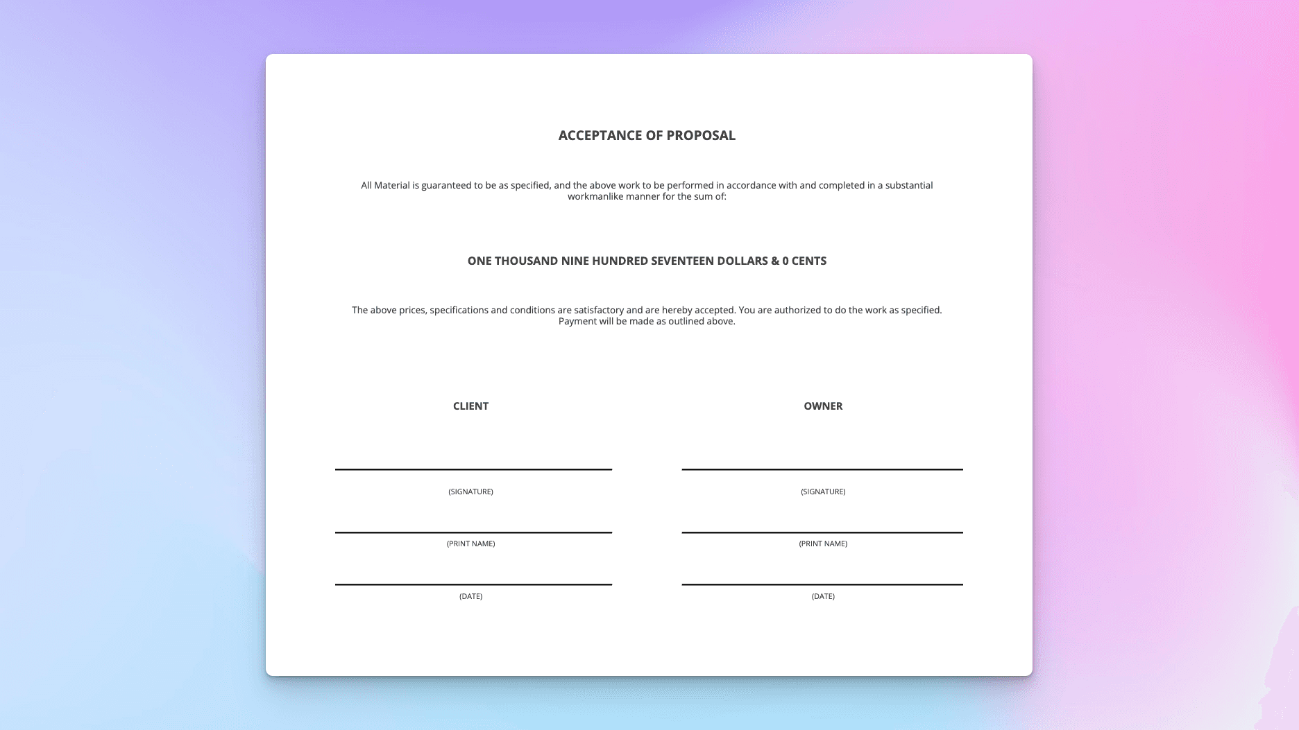 Term Sheet spreadsheet template outlining project acceptance, client and owner signatures, and payment agreement.
