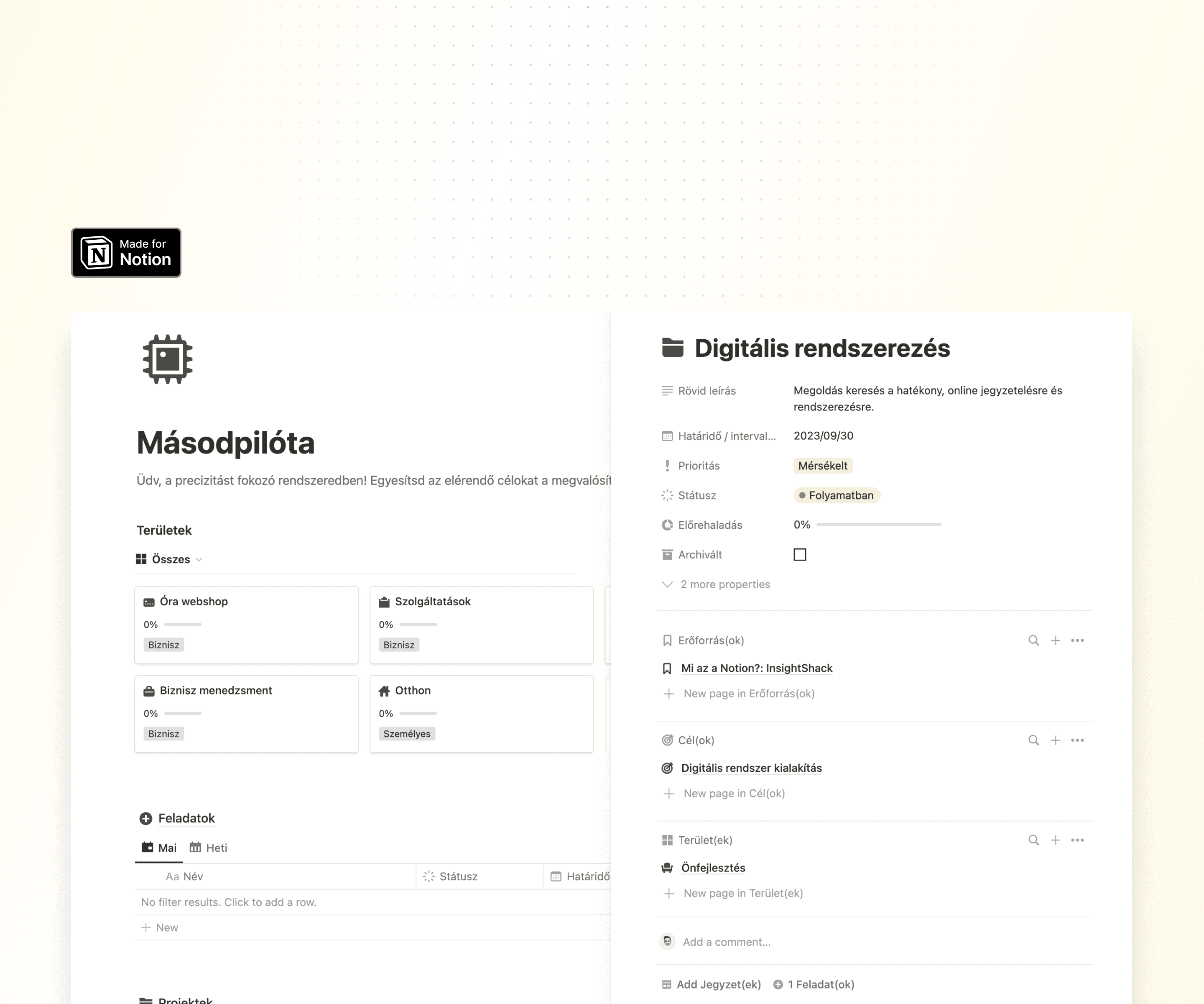 Produktivitást segítő, a feladataid, projektjeid és a hozzá kapcsolódó erőforrások kezelését megkönnyítő sablon a Notion alkalmazáshoz.
