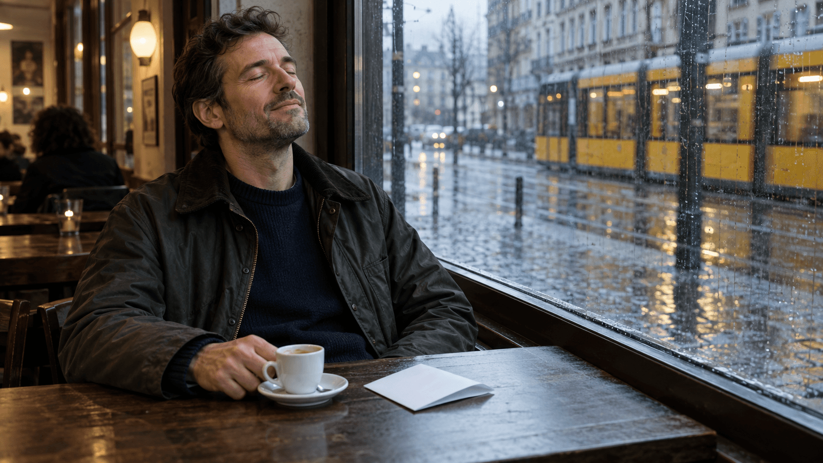 Mann mit geschlossenen Augen und Kaffeetasse am Fenster eines Berliner Cafés, draußen Regen und eine vorbeifahrende Tram