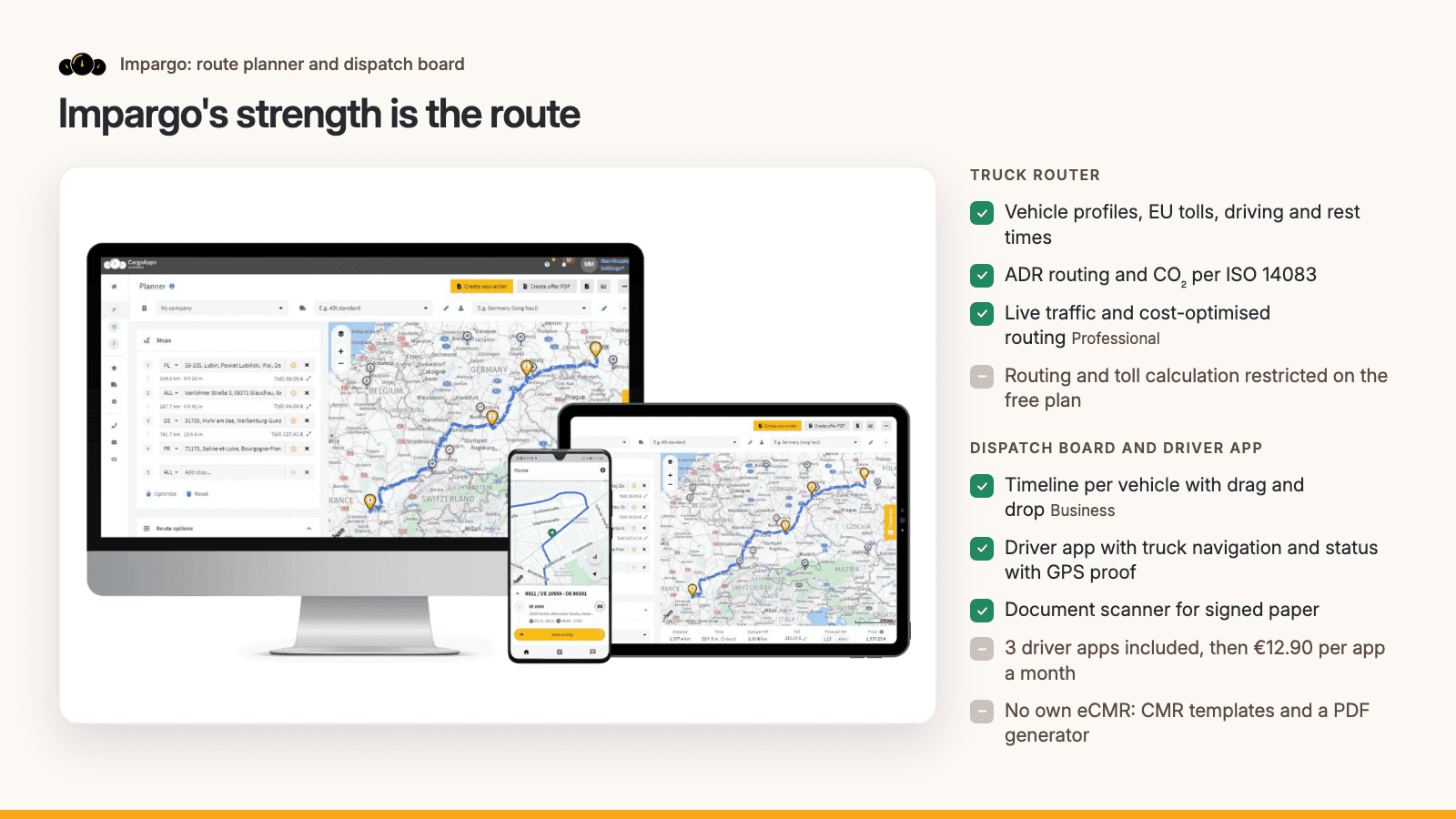 Impargo truck route planner on desktop, tablet and phone showing a toll-calculated route across Germany and the driver app navigation