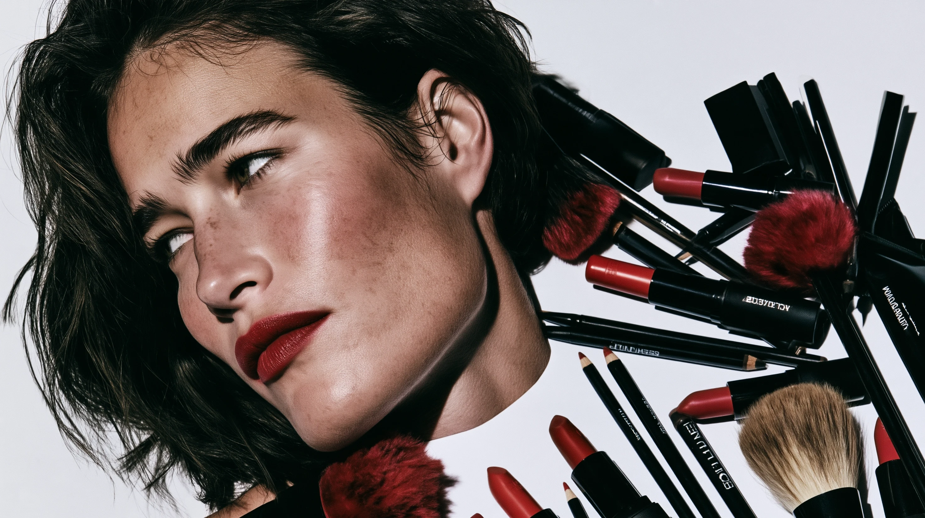 Side-facing portrait of a woman wearing red lipstick, surrounded by black cosmetics and makeup brushes.