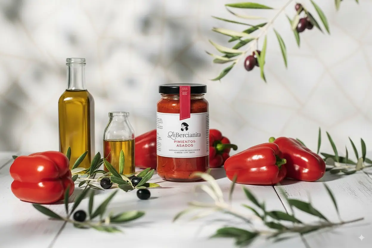 Bodegón con pimientos asados del bierzo La Bercianita, producto gourmet.