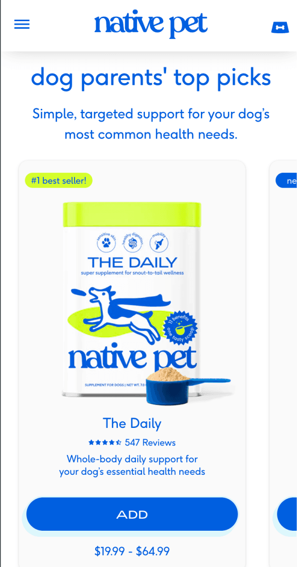 Mobile product page for Native Pet The Daily dog supplement
