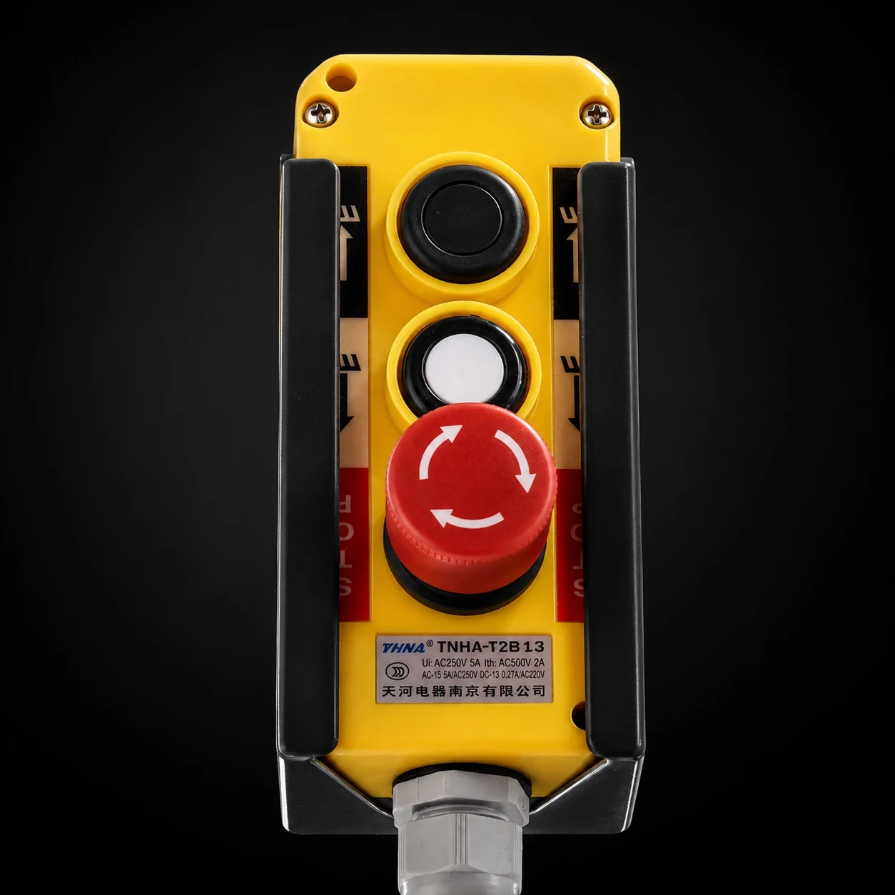 Handheld upper control box for scissor lift with lift controls and emergency stop button.