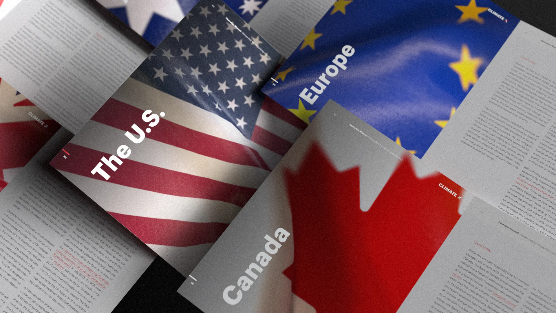 Mise en scène dynamique du livre blanc Climate X présentant des pages illustrées par les drapeaux des États-Unis, de l'Europe et du Canada sur un fond de textes analytiques.