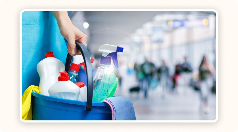 Bucket filled with cleaning products