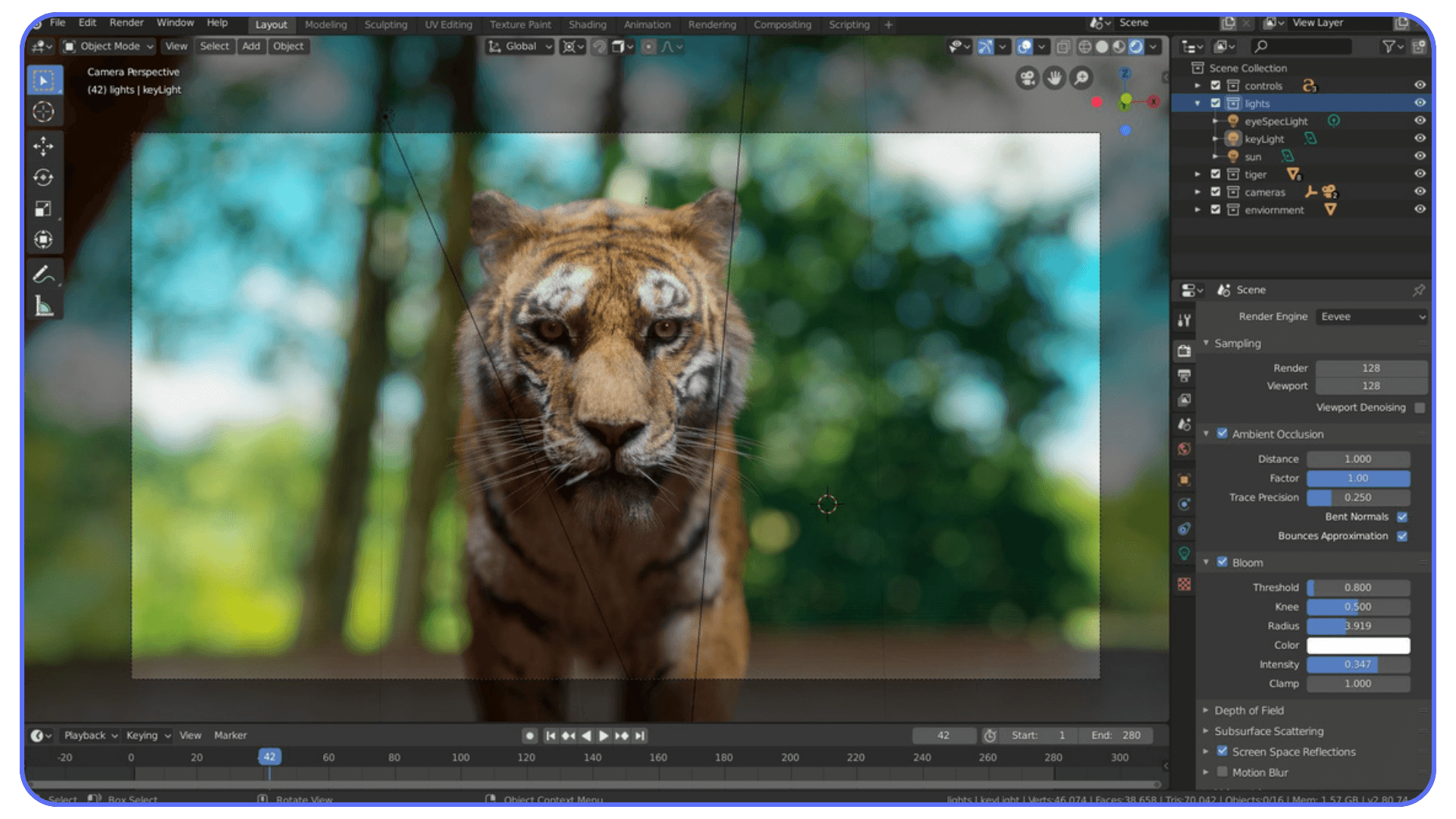 Blender Eevee viewport displaying a highly detailed tiger model in front of a blurred forest background, with render and lighting settings visible on the right panel.