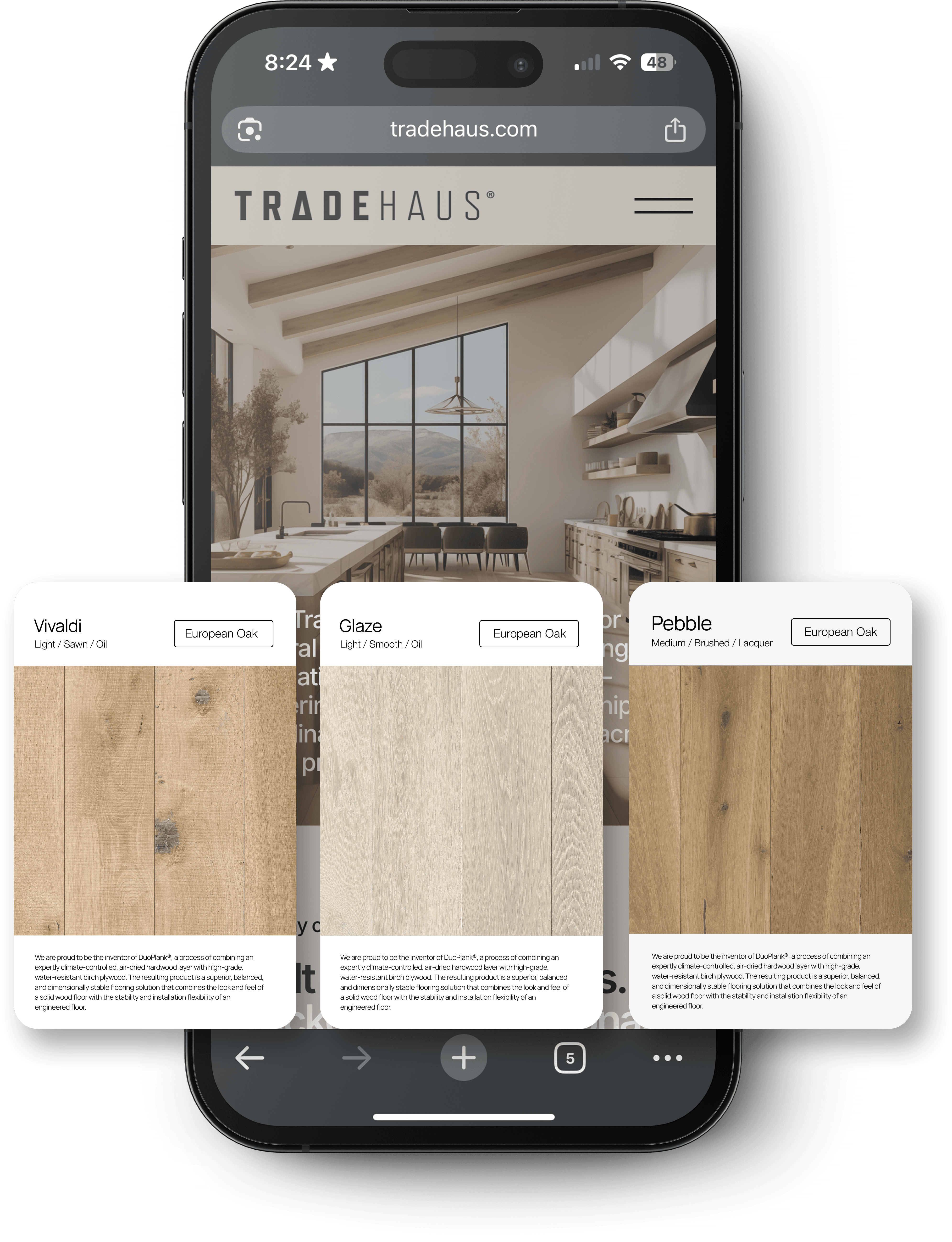 Tradehaus mobile website showing European oak flooring options—Vivaldi light oak, Glaze smooth light oak, and Pebble medium brushed oak—over a modern living room interior.