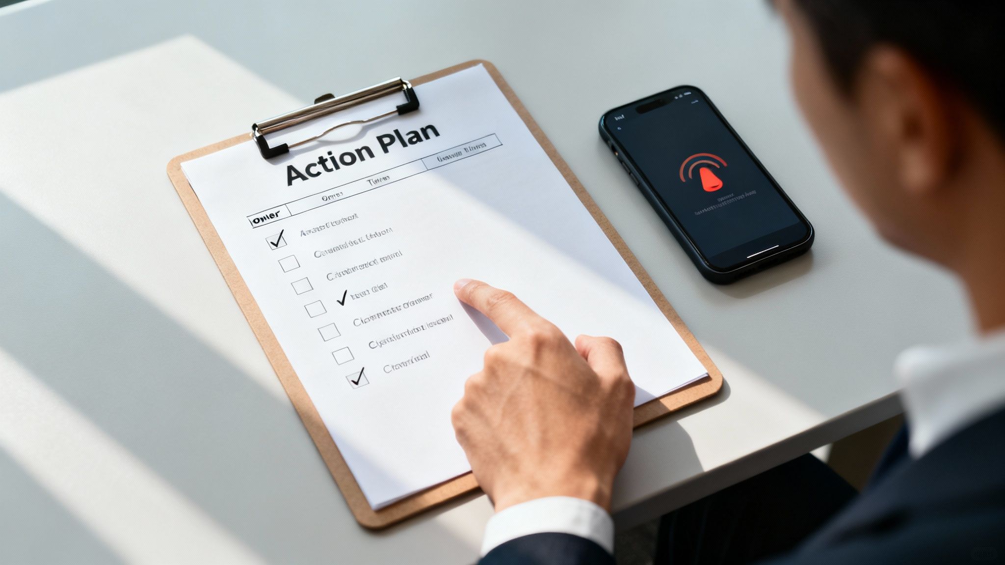A person points at an action plan checklist on a clipboard next to a smartphone with an alert.