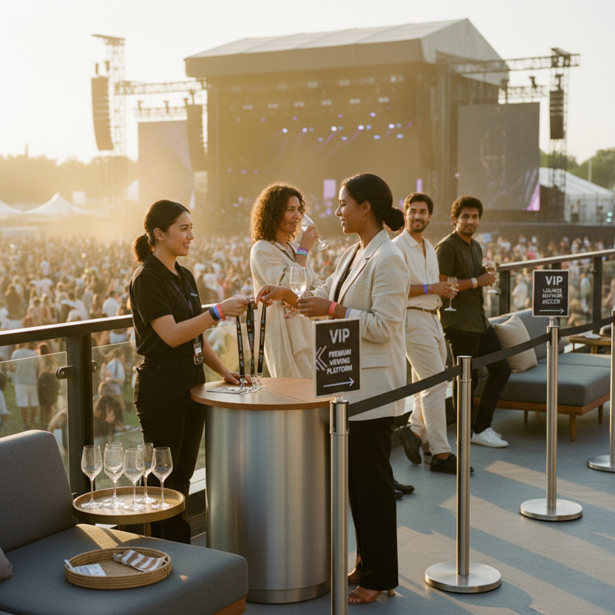 Ein erhöhtes VIP-Deck mit Blick auf die Hauptbühne, goldenes Abendlicht über der Menge. Ein Teammitglied überreicht diskret VIP-Lanyards, Gäste tragen farbige Bändchen. Dezent markierte Bereiche strukturieren den Raum. Die Szene zeigt exklusive Kapazitäten und klar geführte Zugänge in ruhiger, hochwertiger Atmosphäre.