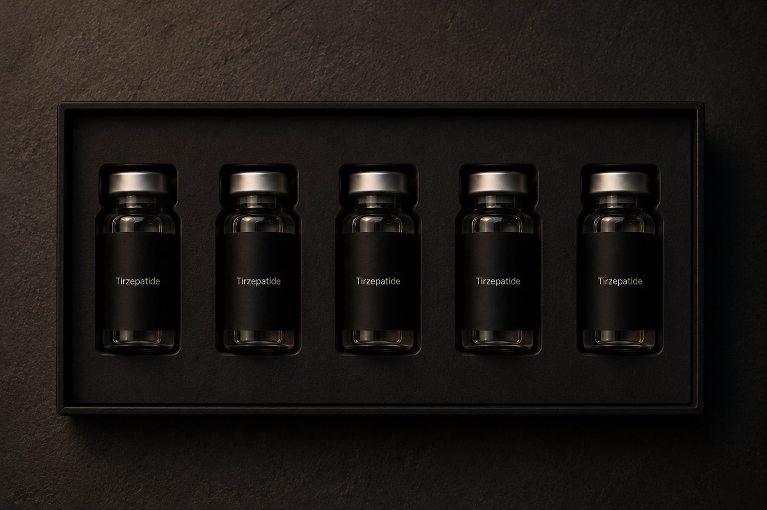 Wall-mounted display of dark serum bottles
