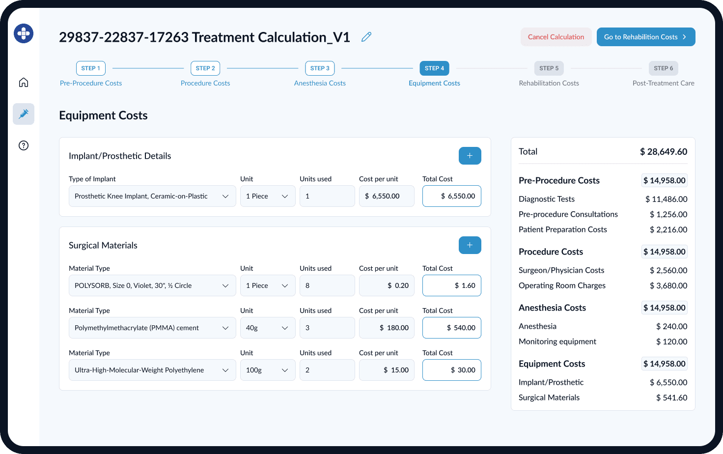Treatment Calculation - Equipment costs