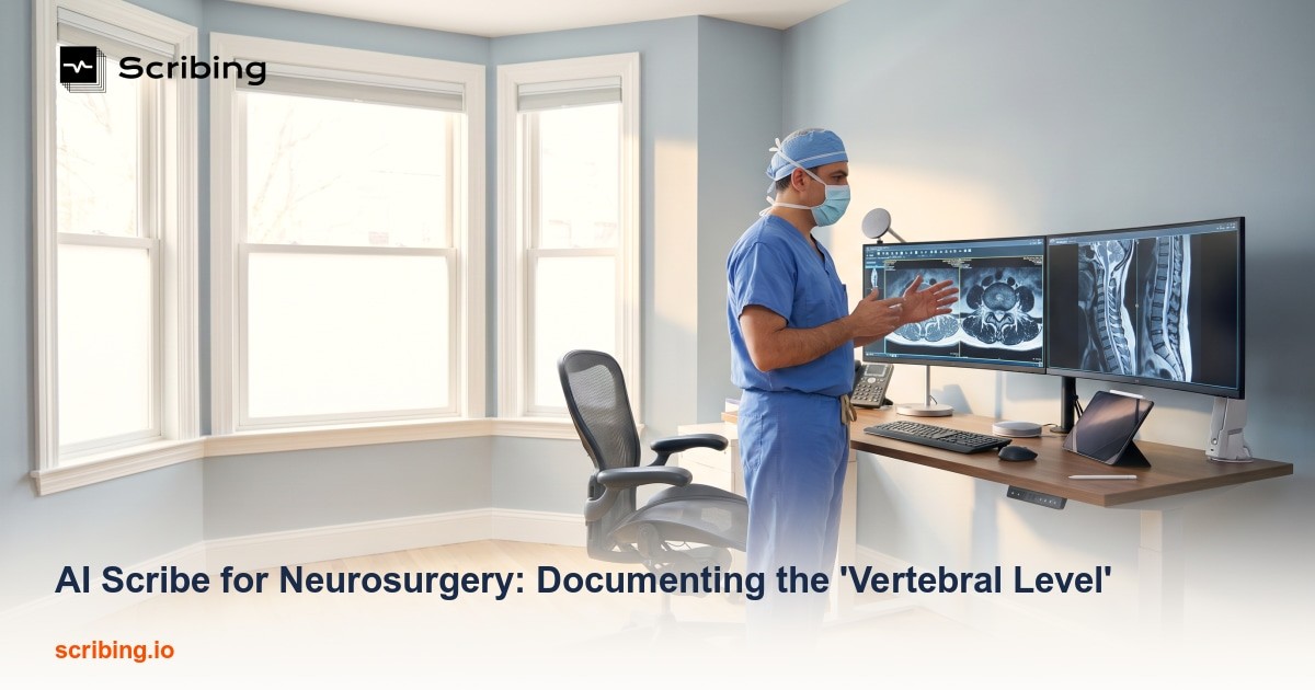 Spine model next to a digital display of a lateral spine X-ray representing AI-assisted vertebral level documentation in neurosurgery.