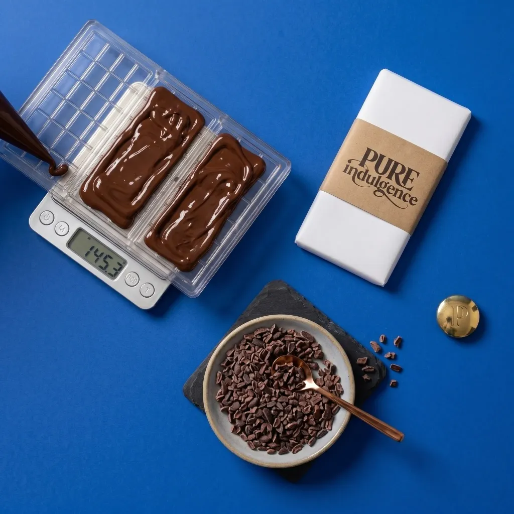 Flat lay composition of branded chocolate products and artisanal ingredients on a blue background. By a branding expert.
