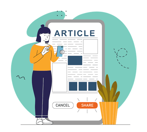 Illustration of woman holding a phone looking at an article