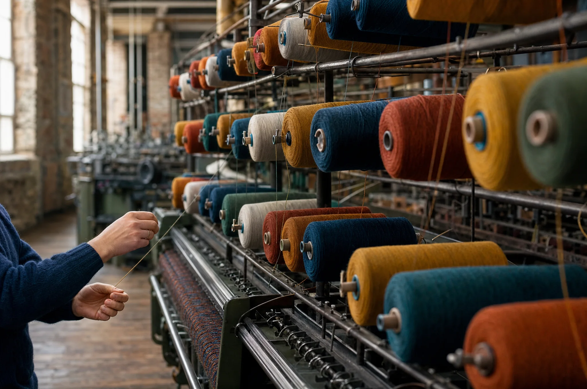 Cones of mustard, rust and teal yarn on a creel in a knitwear mill