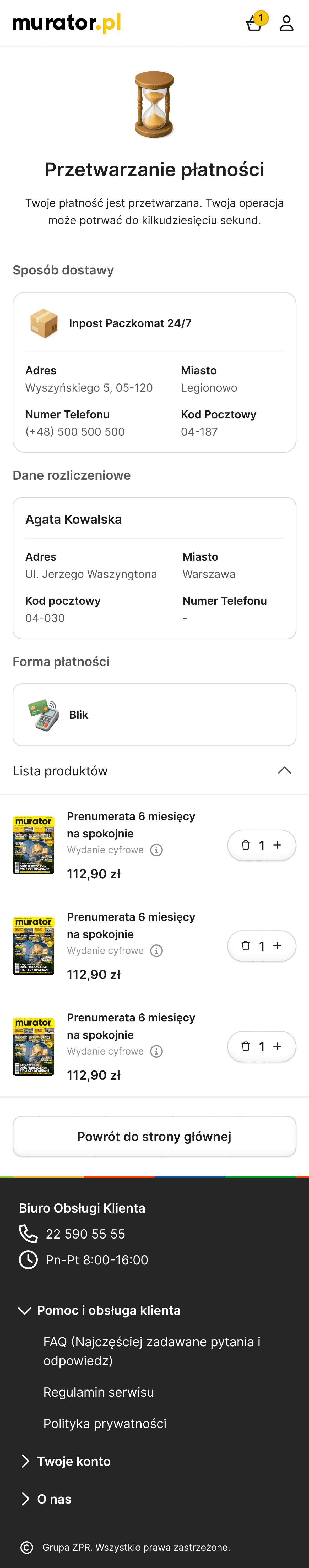 Mobile "Payment Processing" (Przetwarzanie płatności) intermediate screen featuring an animated hourglass icon, informing the user that the transaction may take a few moments while displaying the delivery and billing summaries.