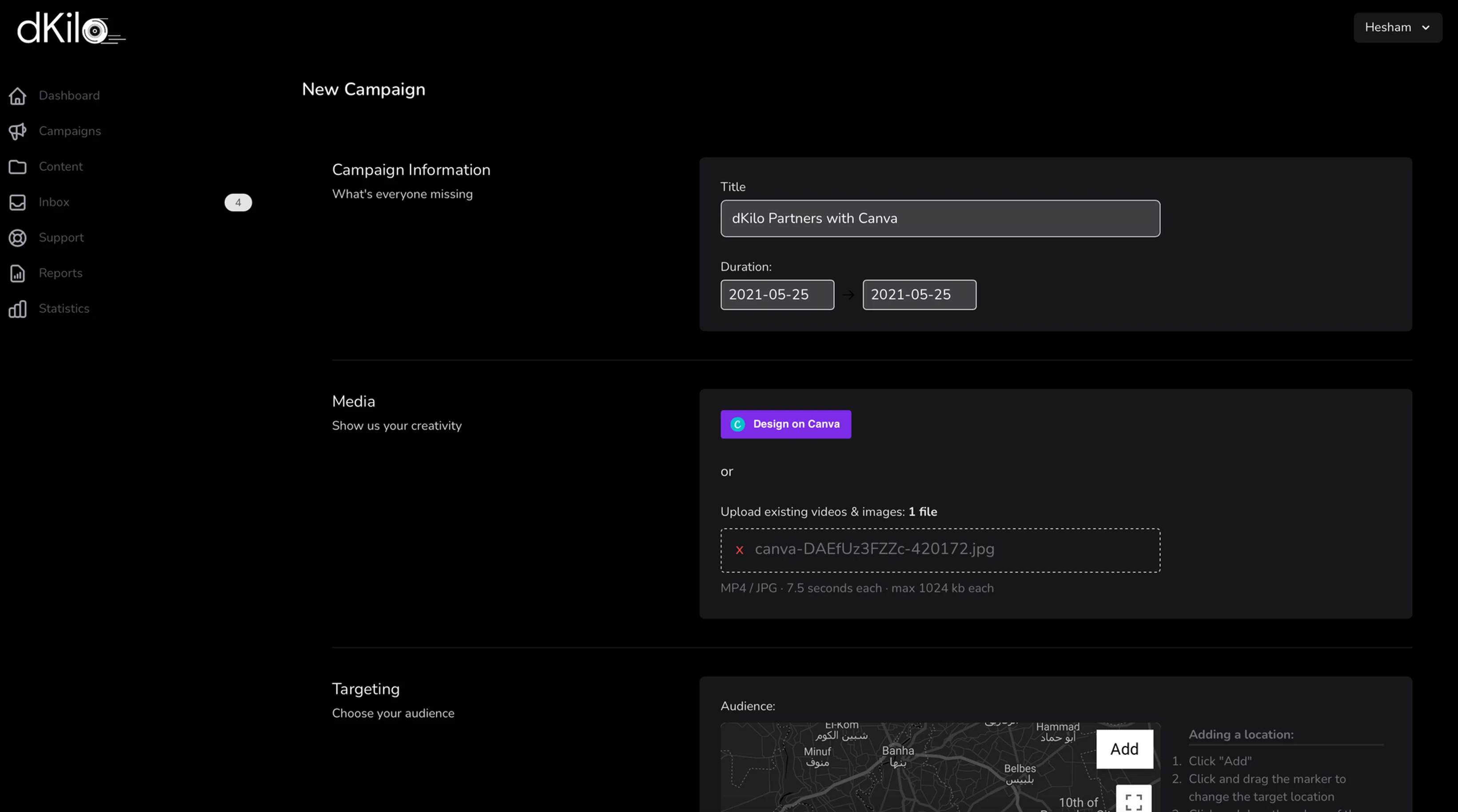 DOOH advertising platform dashboard displaying campaign details, Canva integration, and geo-targeting setup.